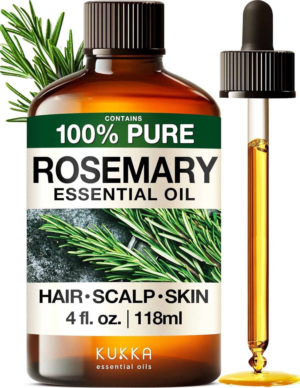 KUKKA Rosemary Essential Oils - 4 Fl Oz - for Hair, Skin, Diffuser, Aromatherapy & DIY Soap Making Scent